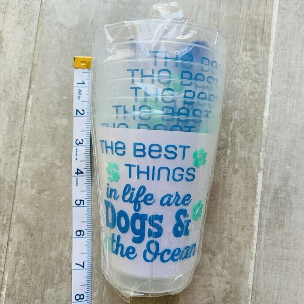 10oz 6pcs Reusable Shatterproof Plastic Cups Dishwasher Safe DOG & OCEAN Travel
